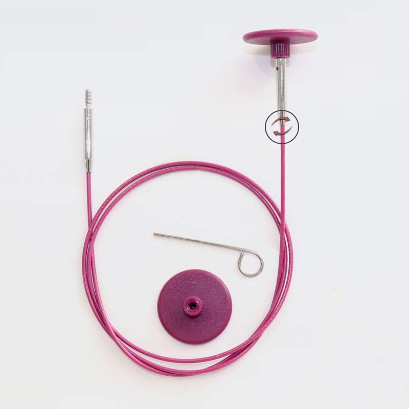 Tyndere memory free swivel kabler til at skrue på udskiftelige pindespidser fra Knit Pro. Kablet drejer 360 grader.